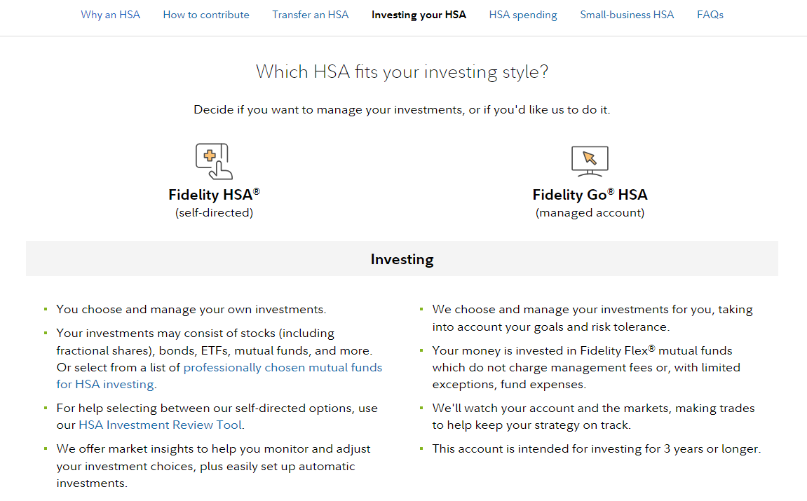 Fidelity HSA investing options